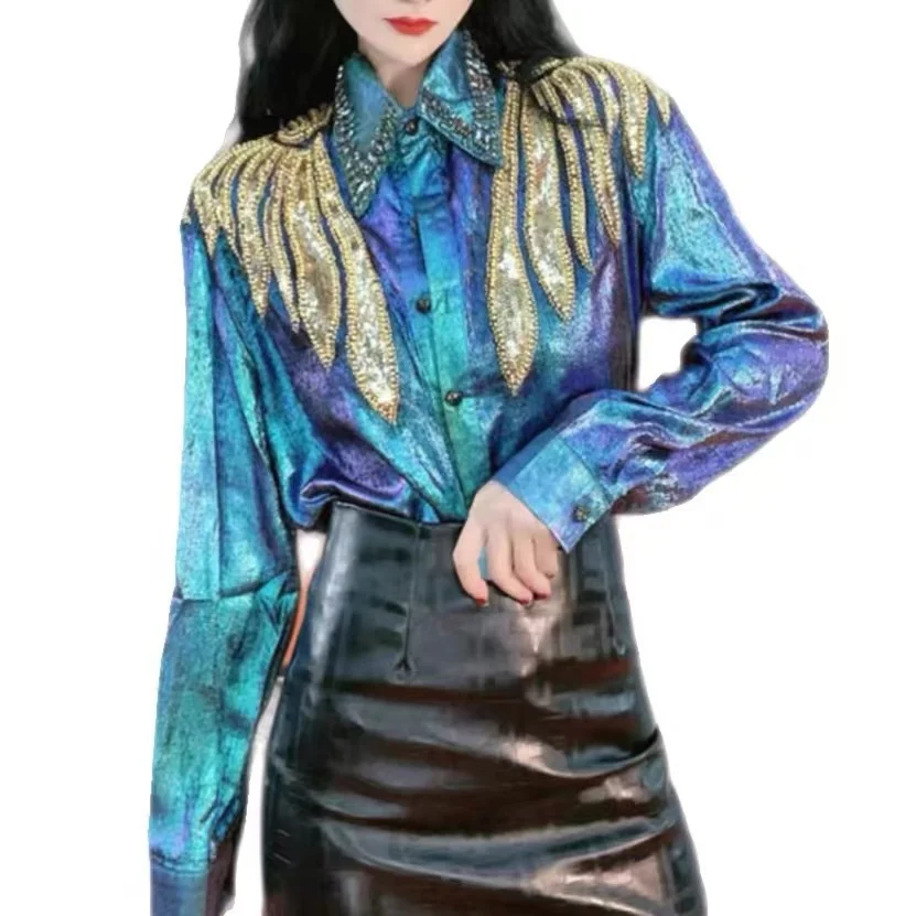 Luxury Style Sparking Sequines Diamonds Embroidery Party Blouses and Shirts For Women 2024 New Long Sleeve Top Blusas Clothing