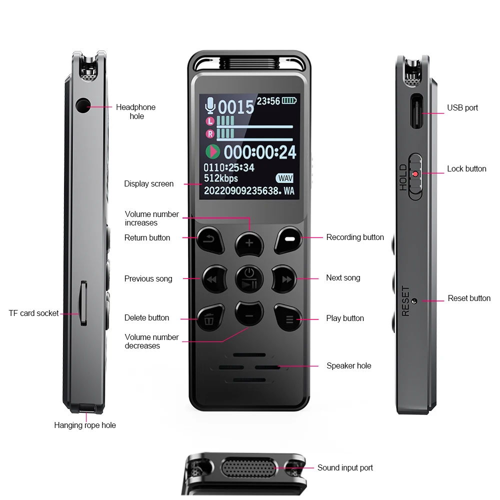 Imagem -06 - Vandlion-voz Ativada Ditafone Mp3 Player Digital Redução de Ruído Tft Tela Colorida Gravador de Entrevista Áudio 580mah V68