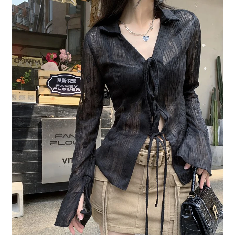 Gidyq Women Streetwear Shirts Fashion Lace Up Long Sleeve Blouse Korean Y2K Casual Female Loose Sun Protection Shirts Spring New