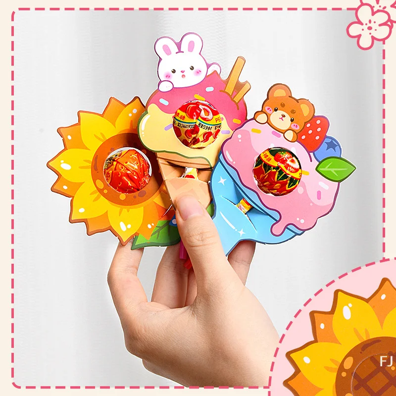 [YU]30Pcs Lollipop Cards Lovely Cartoon Rabbit Bear Children's Day Birthday Party Candy Gift Packaging DIY 3D Decorative Cards