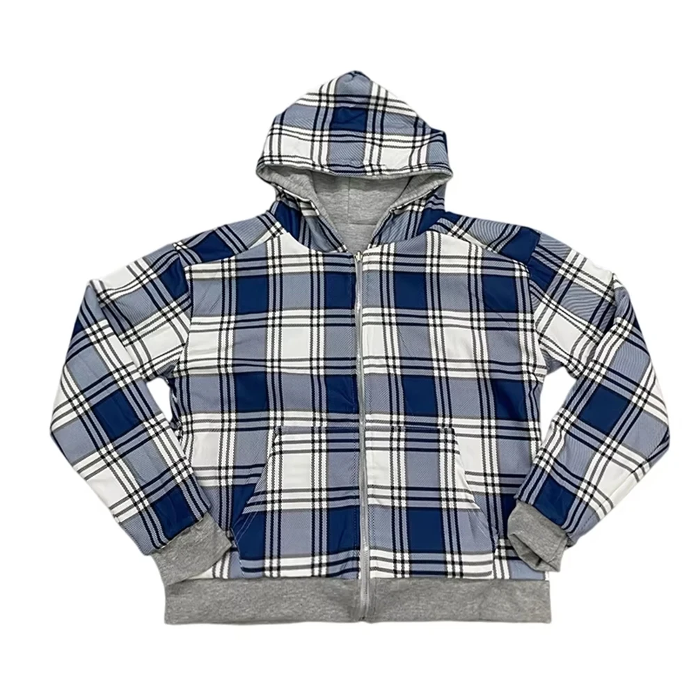 New autumn and winter double-sided plaid texture sports casual long sleeved hooded sweatshirt