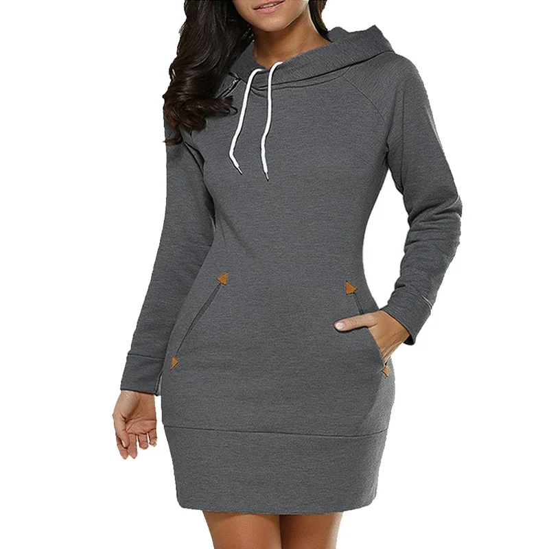 Autumn Popular Womens Knee-Length Pockets Dress Hooded Warm Sweat Shirt Long Sleeve Side Zip Neckline Simple Casual Sports Skirt