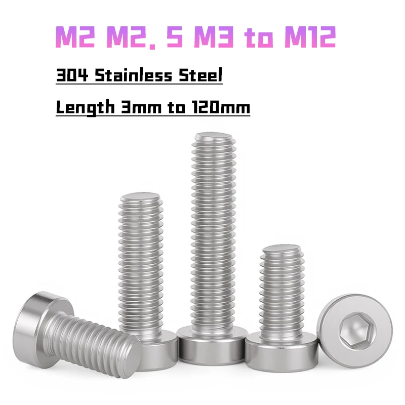 M2 M2.5 M3 M4 M5 M6 M8 M10 M12 304 Stainless Steel Hex Hexagon Socket Thin Low Short Profile Head Allen Cap Screw DIN7984