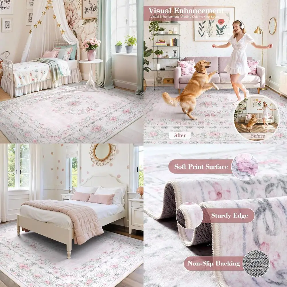 

Light Pink Washable 5x7 Floral Bow Rug for Girls' Nursery, Soft Boho Carpet for Kids, Dorm, Living Room
