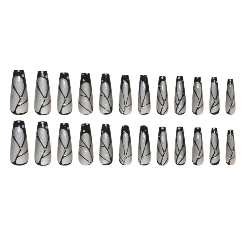 24pcs Cat's Eye French False Nails Black Butterfly Wings Fake Nails Long Ballerina Detachable Full Over Manicure Nail Art Tips