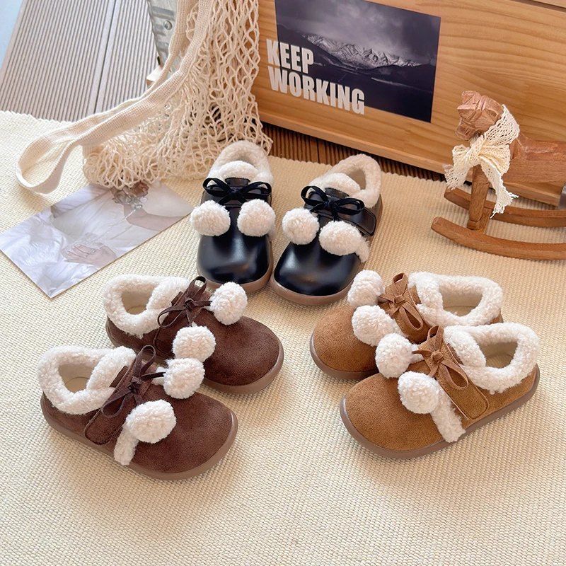 

Girls Cotton Shoes 2-18 Years Old Fur Ball Bow Bow Padded Thickened Children's Cotton Shoes Soft Non-slip Kids Baby Short Boots