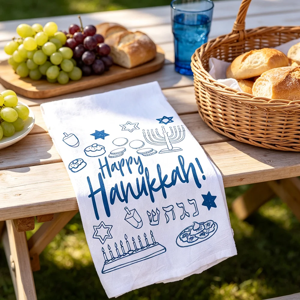 Hanukkah Kitchen Tea Towel Jewish Holiday Hostess Gift Chanukah Kitchen Supplies Housewarming Menorah Dreidel Gelt Torah Challah