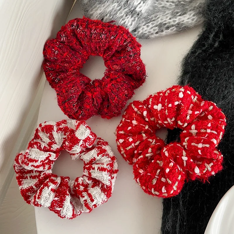 2024 Winter Hair Accessories 5pcs/set Red Hair Scrunchies Set Women Holiday Santa Claus Hair Ties Knitted New Year Schrunchies