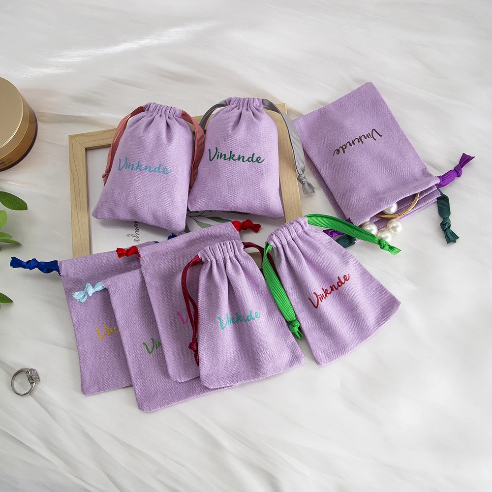 شعار مخصص 5x7 سنتيمتر كيس من الكتان شريط قطني حقيبة برباط تغليف الهدايا للمجوهرات أقراط الصابون شمعة العطور زيوت التجميل #2