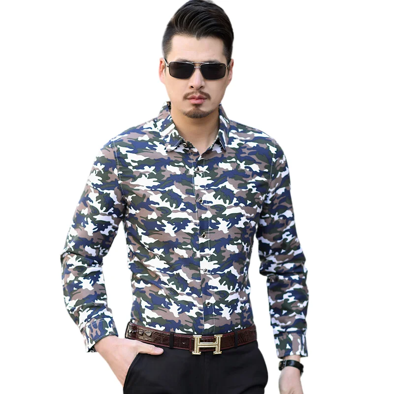 Men's camouflage print Long Sleeve Shirt male Business leisure Outdoor work dress shirt fashion slim plus size tosp clothing