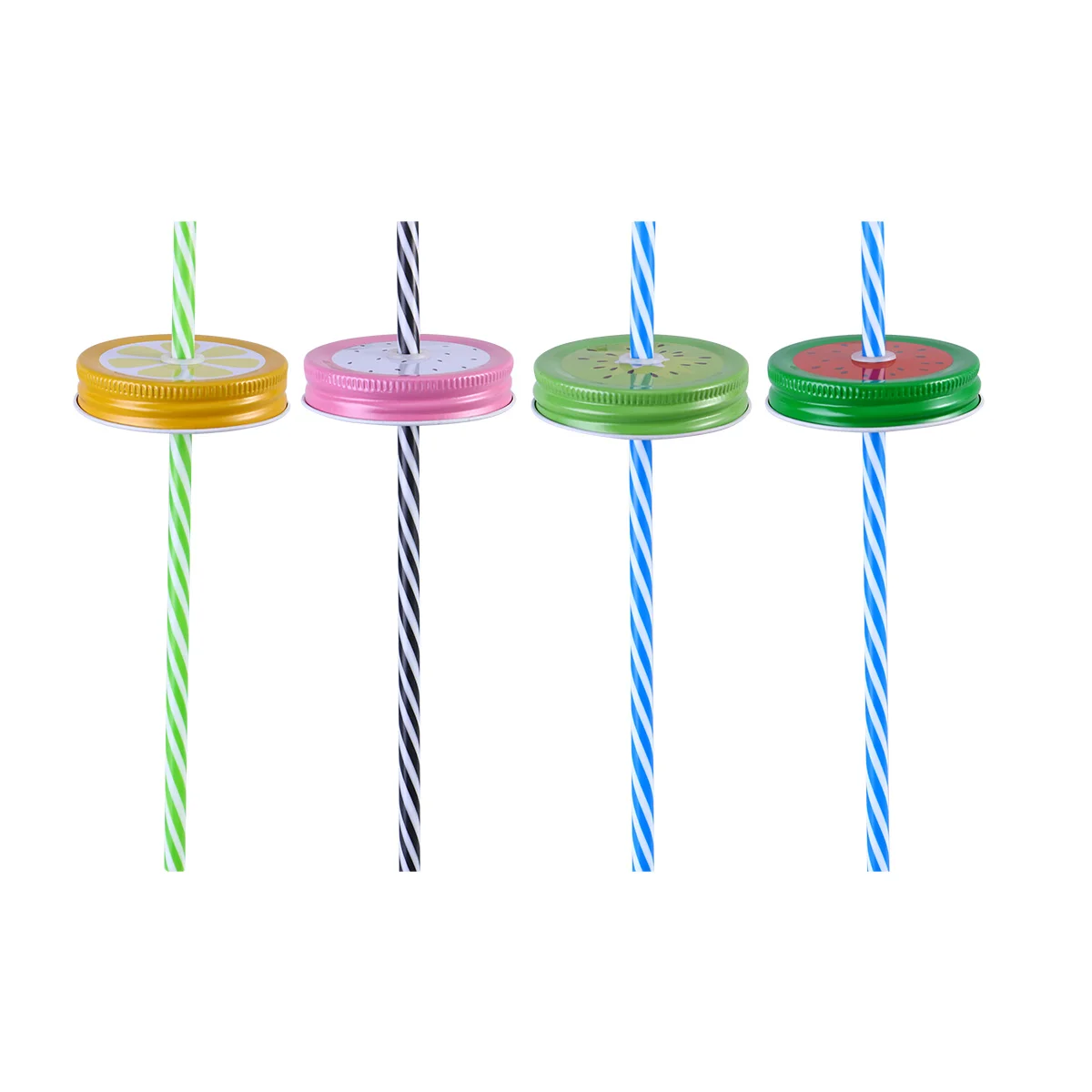 Metal Decorative Regular Mouth Mason Jar Lids with Straw Hole with 8 Decoration Lids 8 Striped Plastic Straw Set 2 Straw Wrench