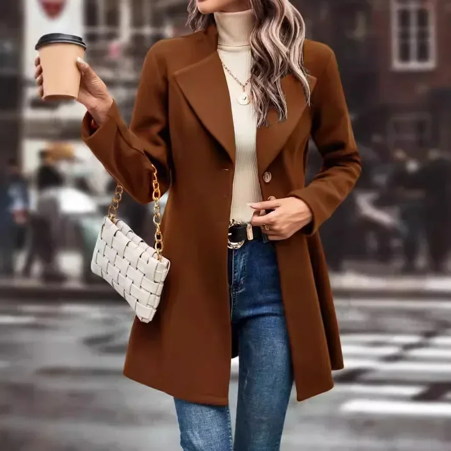 

Cardigan Blends Solid Long Sleeve Single Breasted Outerwear Loose Fit Button Turn Down Collar Wool Coats Button Office Lady