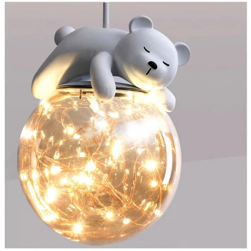 

New Children's Room LED Chandeliers White Bear Bunny Pendant Light Home Indoor Bedroom Decor Hanging Lamp Glass Bedside