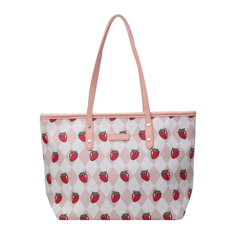 Strawberry PU Large Capacity Cute Shoulder Bags Zipper Commuting Fresh Fashion Hand Bags for Women 2024 High Quality Tote