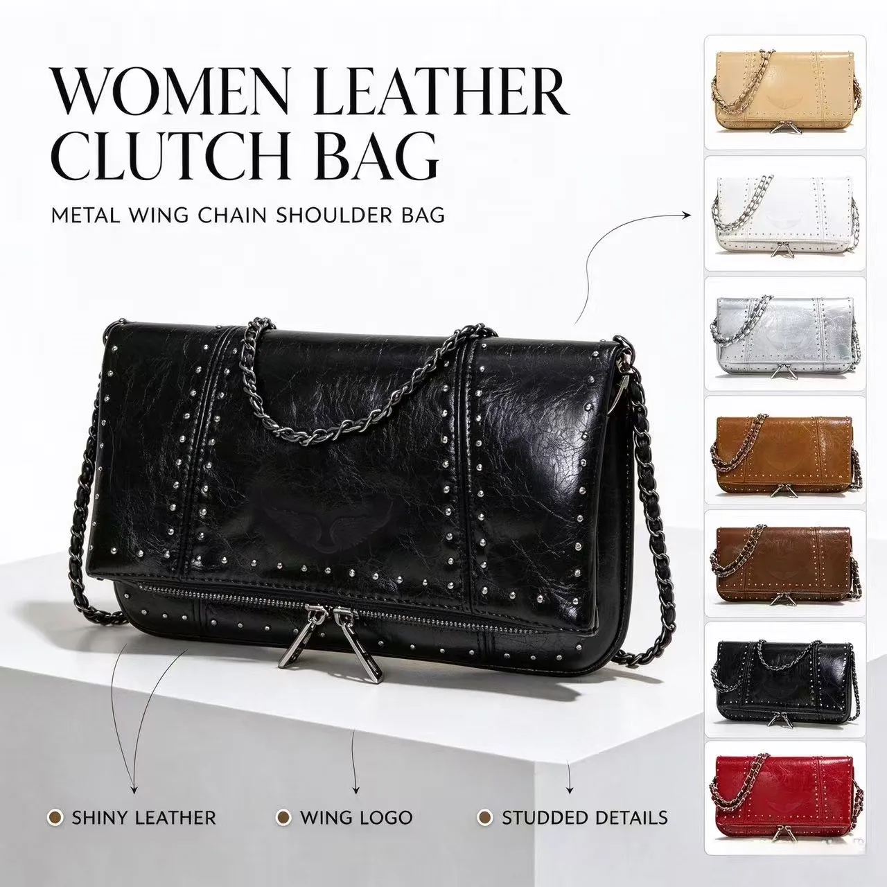 Sophisticated Minimalist Square Bag Unique Rivet Wing Chain Shoulder Bag Women Versatile Daily Crossbody Bag