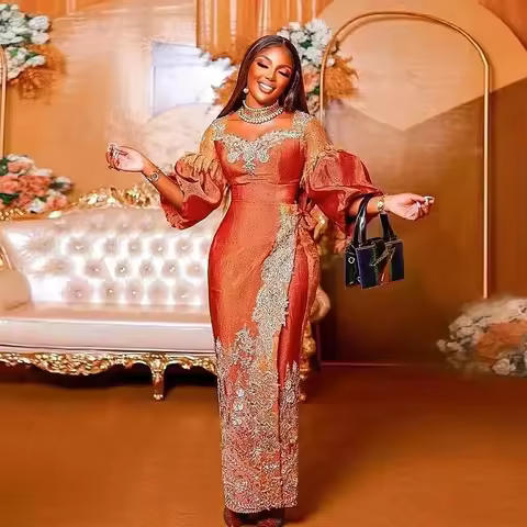 Crystals Applique Formal Prom DressPuffy Sleeves Women Maxi Evening Dress Handmade Orange Party Dresses