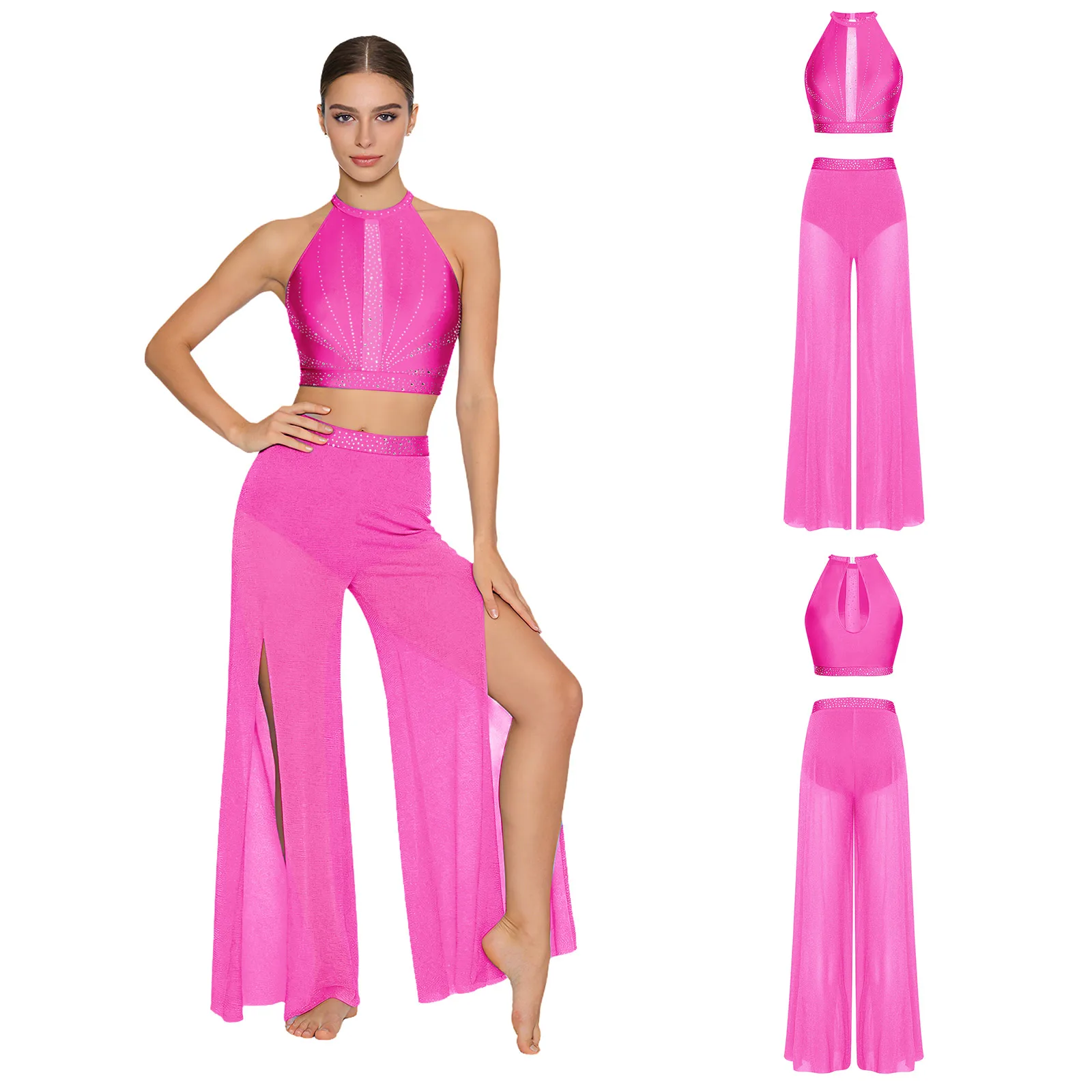 

Women Shimmery Sequin Figure Skating Performance Costume Sleeveless Top And Sheer Mesh Pants Outfit Gymnastic Modern Dancewear