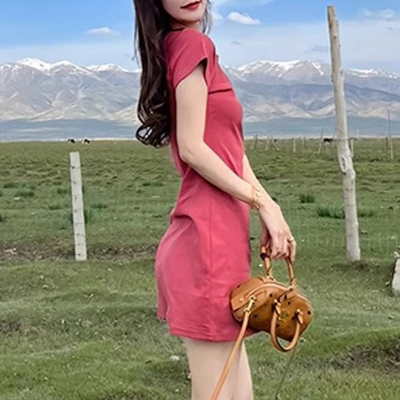 فستان نسائي بأكمام قصيرة ، ملابس نسائية ، كاجوال ، رقبة دائرية ، نحيل ، مثير ، شاطئ ، صغير ، بسيط ، متين ، الموضة ، الصيف ، Y2K ،