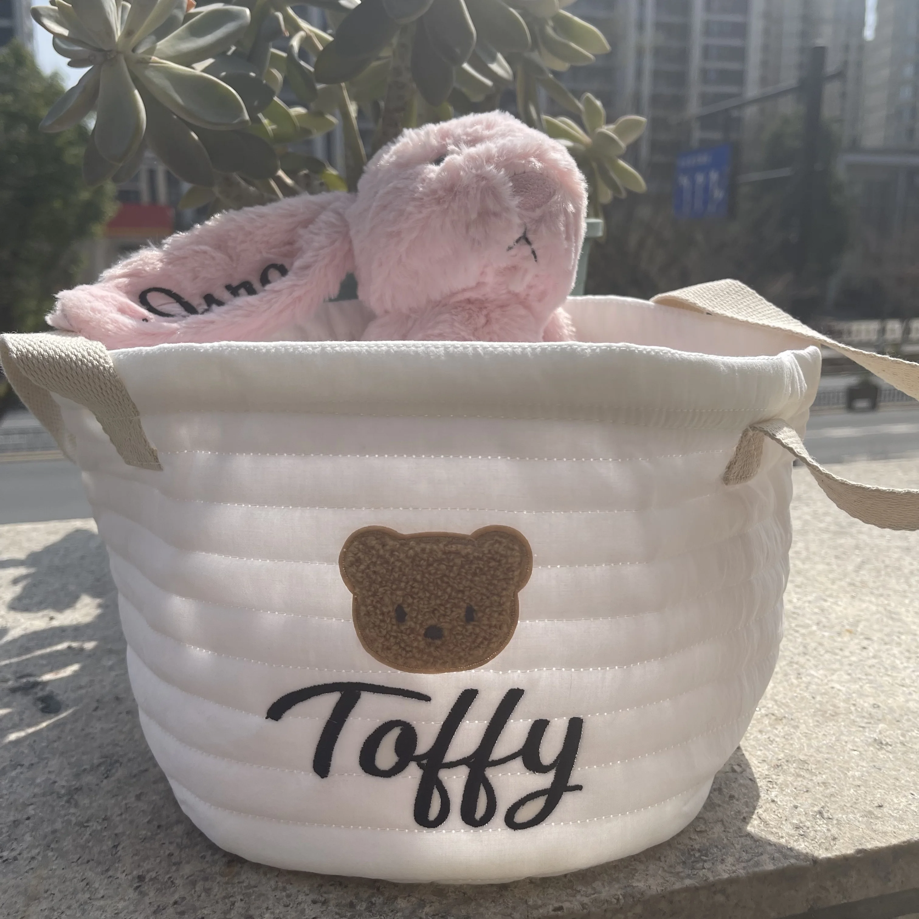 

Personalized Name Cute Bear Storage Basket Embroidered Baby Item Storage Bag Newborn Diaper Sorting Basket with Customized Name