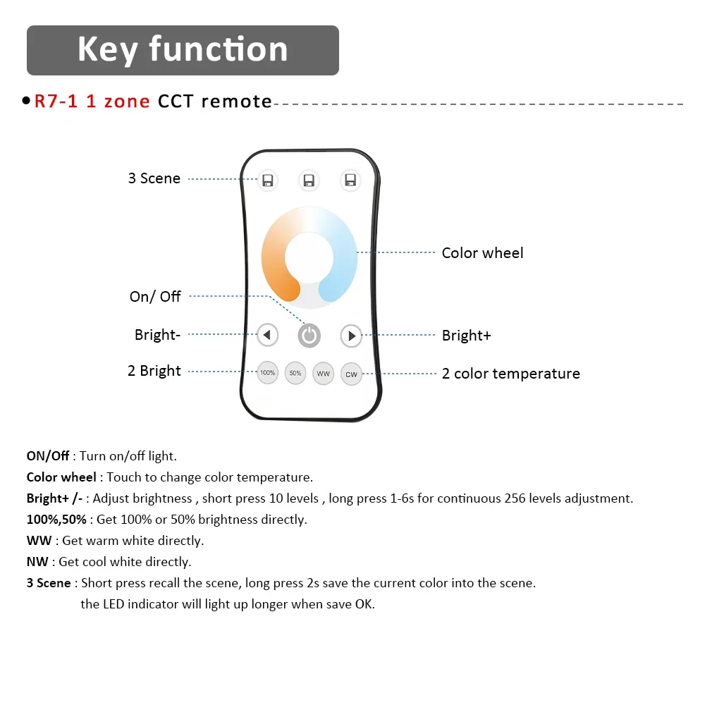 2-przewodowy kontroler LED CCT 12V 24V DC 1CH 5A Bezprzewodowy odbiornik RF 2.4G z podwójnym białym pilotem do świateł LED WW CW V2-S