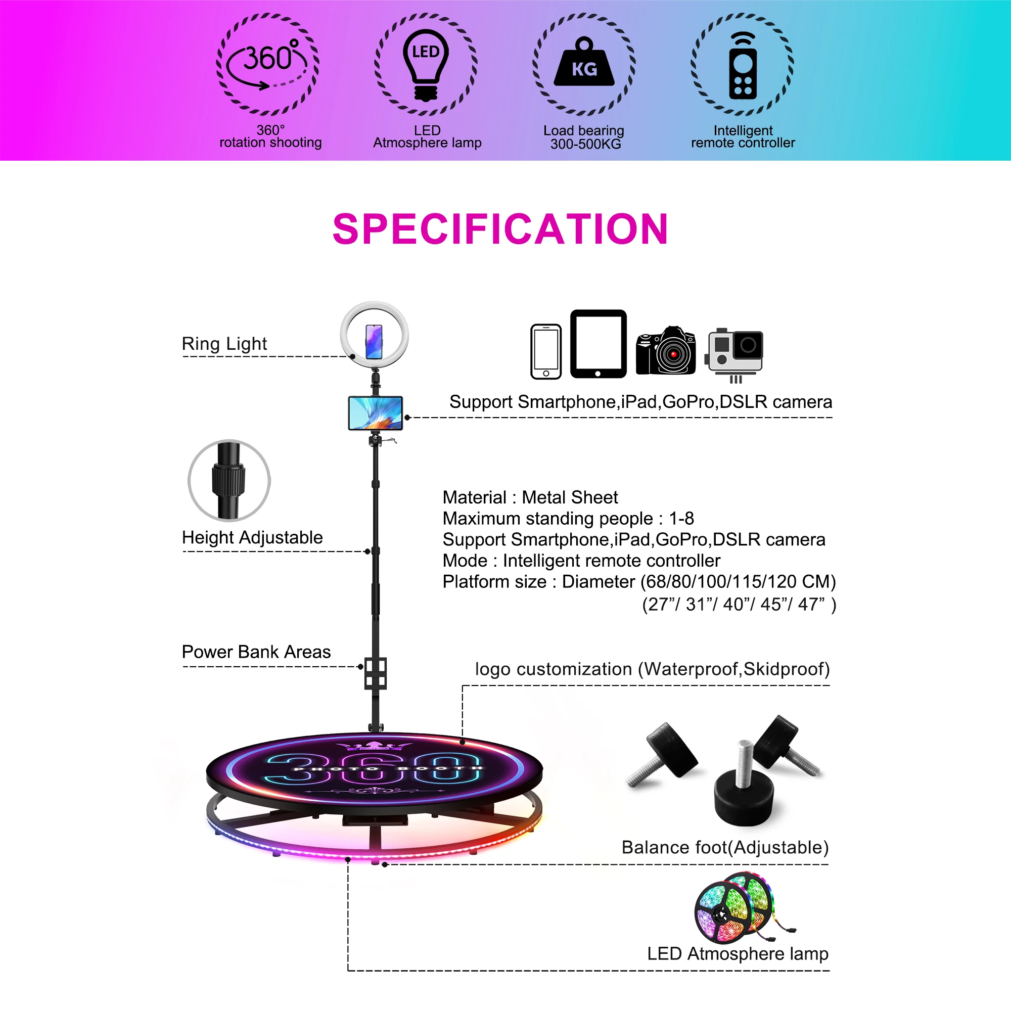 Usa Warehouse Dropshipping Slow Motion Portable 360 Degree Spin Camera Photo Booth 360 Selfie Platform Photobooth