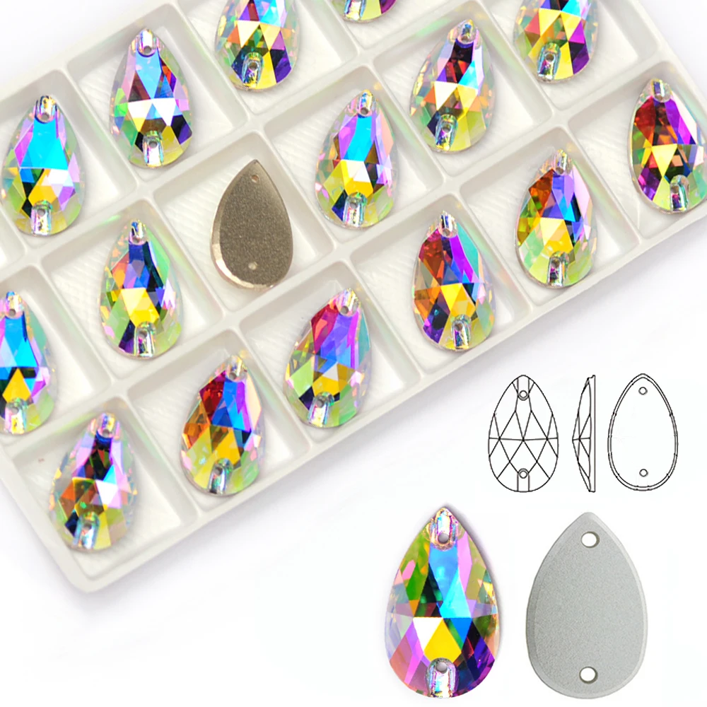 Kristall AB Aufnähbare Tropfen-Glasperlen Flache Strass-Steine für DIY Bekleidung Mode Kleidung Kleider