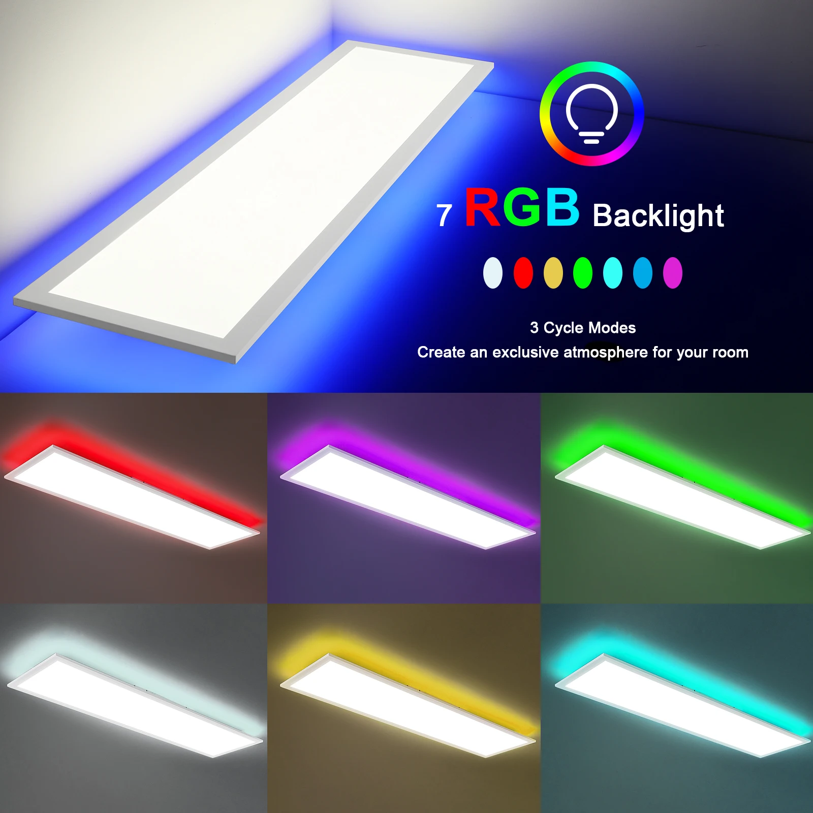 3-Pack RGB LED Panel Ceiling Light 100cm, 30W 3300LM, 3000–6500K, Remote & Memory Function for Living Room, Bedroom, Kitchen