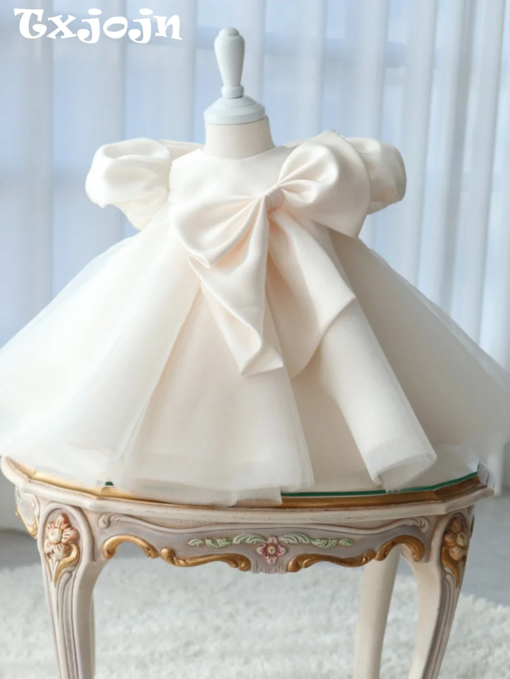 Girls Cream White Princess Dress Big Satin Bow Puff Sleeve Tulle Tutu Gown Elegant Flower Girl Dress for Kids Birthday Party
