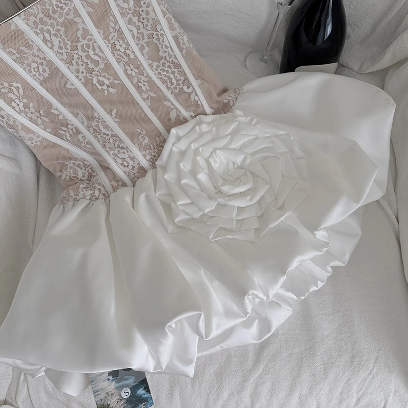 Słodka sukienka mini z koronką 3D w kształcie róży dla kobiet, bez rękawów, z wysokim stanem, z fiszbinami, bufiaste rękawy, haftowana koronka, satynowa sukienka w kwiaty.