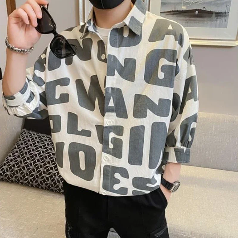 Shirts for Men with Print Green Printed Oversize Man Shirt Regular Fashion 2024 Cheap Things Comfortable Sale Tops Casual Asia