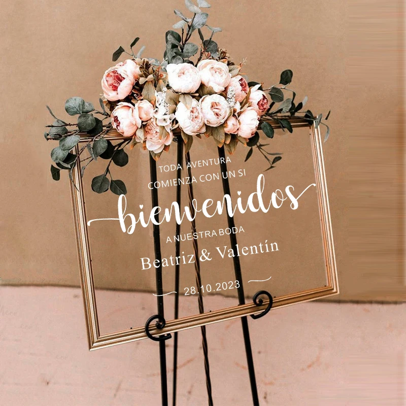 Señal de bienvenida de boda española, pegatina de vinilo, marco de tablero de boda personalizado, calcomanías, nombre personalizado, fecha,