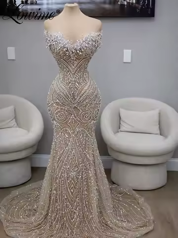 Charming Crystal Beaded Champagne Evening Dresses Long Mermaid Celebrity Dress Customized Pearls Luxury Prom Party Gowns 2026