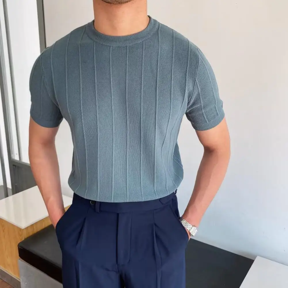 Men Summer T-shirt Round Neck Short Sleeves Solid Color Slim Fit Elastic Pullover Casual Mid Length Straight Men Sport Gym Top