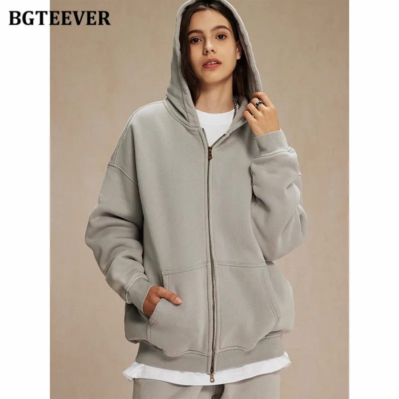 BGTEEVER Autumn Winter Thicken Velvet Ladies Tracksuits Long Sleeve Zipper Up Fleece Hoodies & Long Pants Women Sweatshirts Set