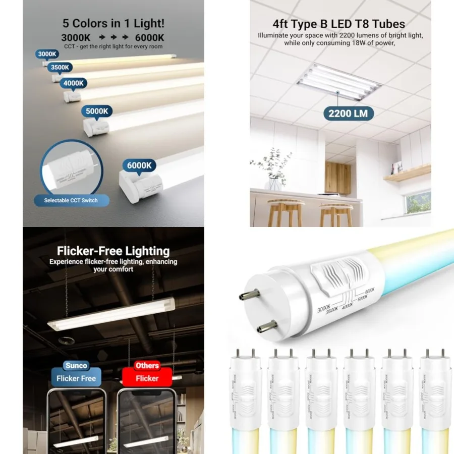 Sunco T8 LED Bulbs 4 Feet, LED Fluorescent Tube Replacement, 4Feet LED Tube Light, Ballast Bypass, 18W, 2200 LM, Selectable CCT
