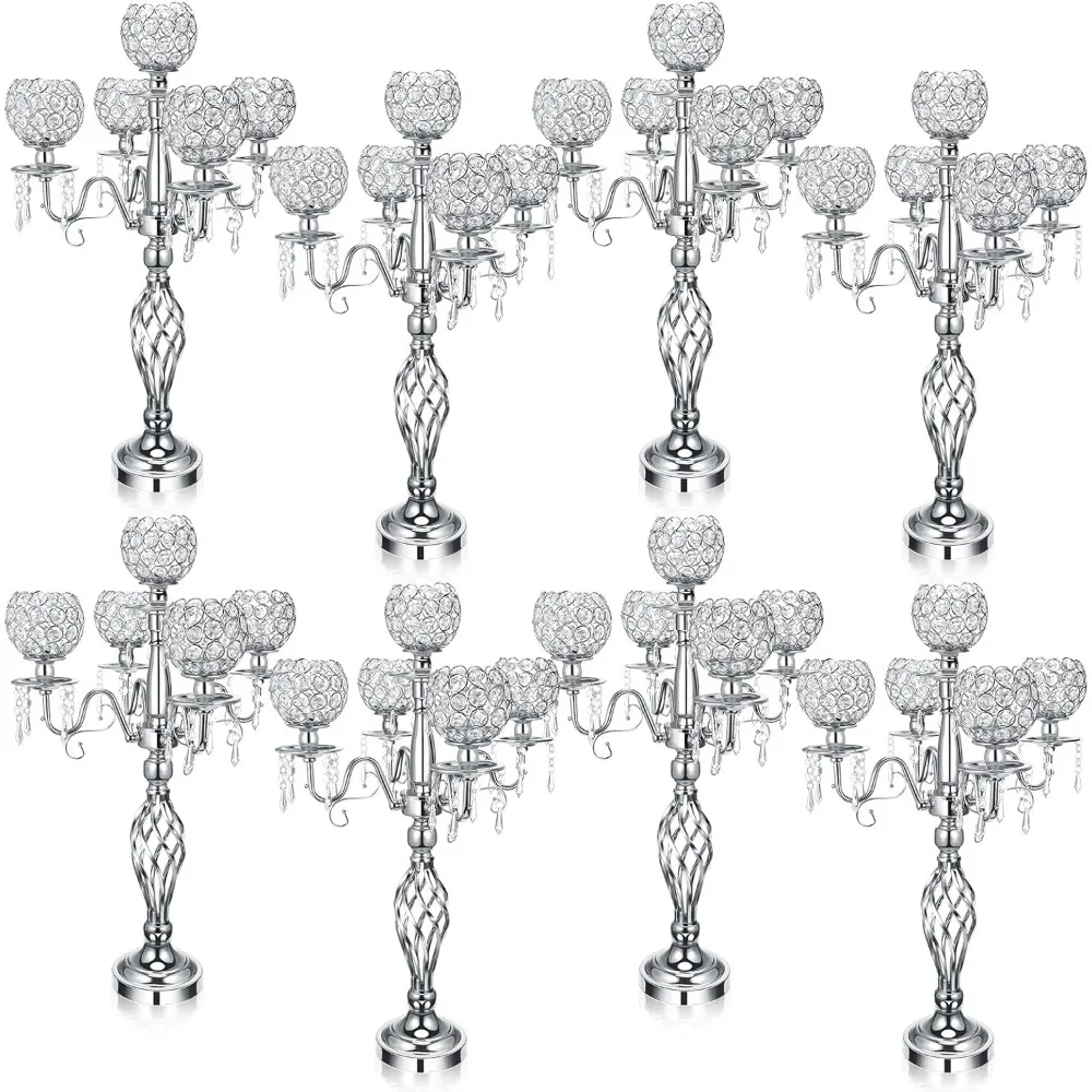 5-arm Crystal Candle Holder Wedding Table Decoration, 27 Inch High Crystal Candle Holder Wedding Event (silver, 8 Pieces)