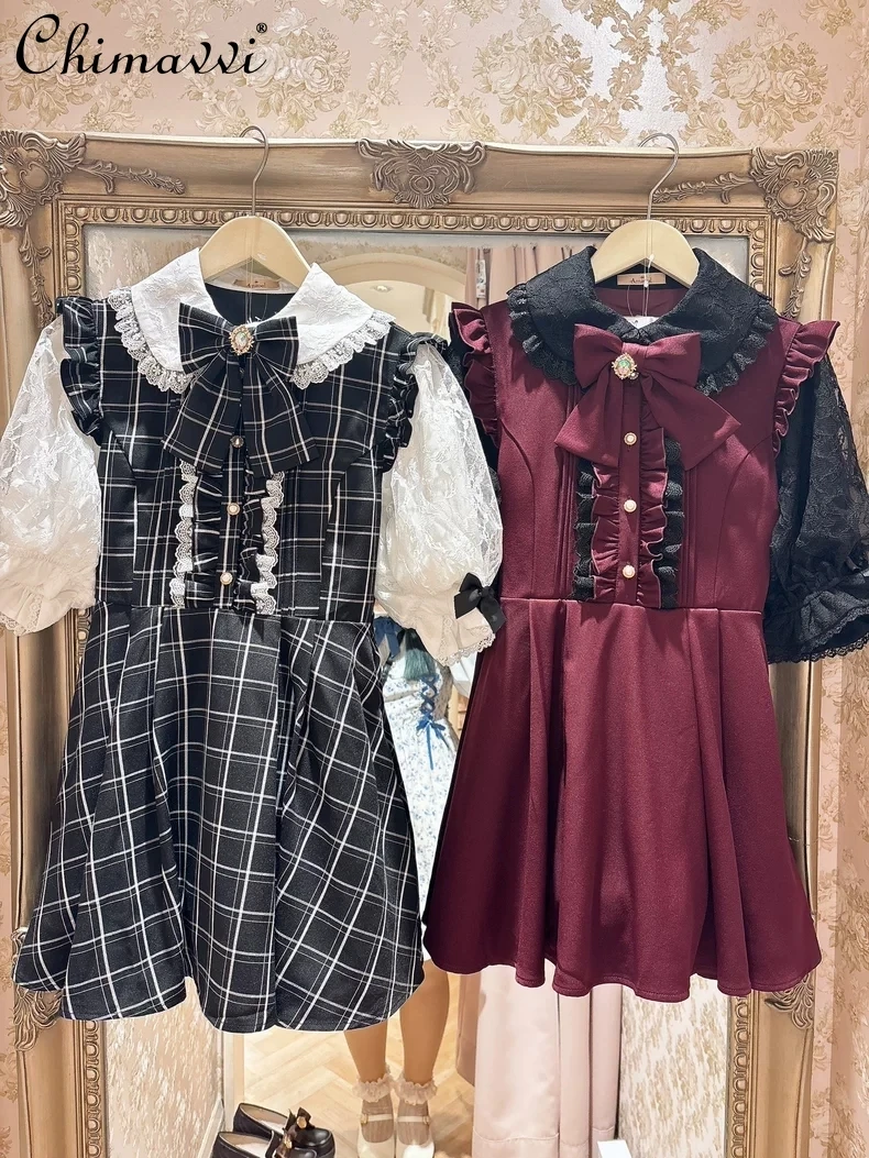 

Japanese Mass-produced Lace Short-sleeved Gem Bow Tie Dress Set 2025 New Cute Bow Dress Top and Shorts Girls Women Lolita Sets