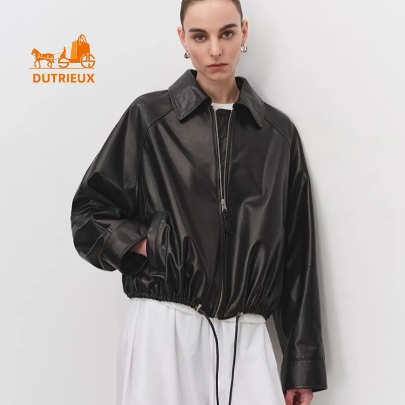 Winter Women's Suede & Leather Lapel Drawstring Short Leather Jacket, 100% Genuine Sheepskin Gorgeous and Elegant Leather Coat