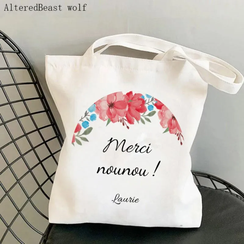 Women Canvas Shoulder Bag coupon motif merci nounou Shopping custom Bag Harajuku Shopping Handbags Tote For Lover Girls friend