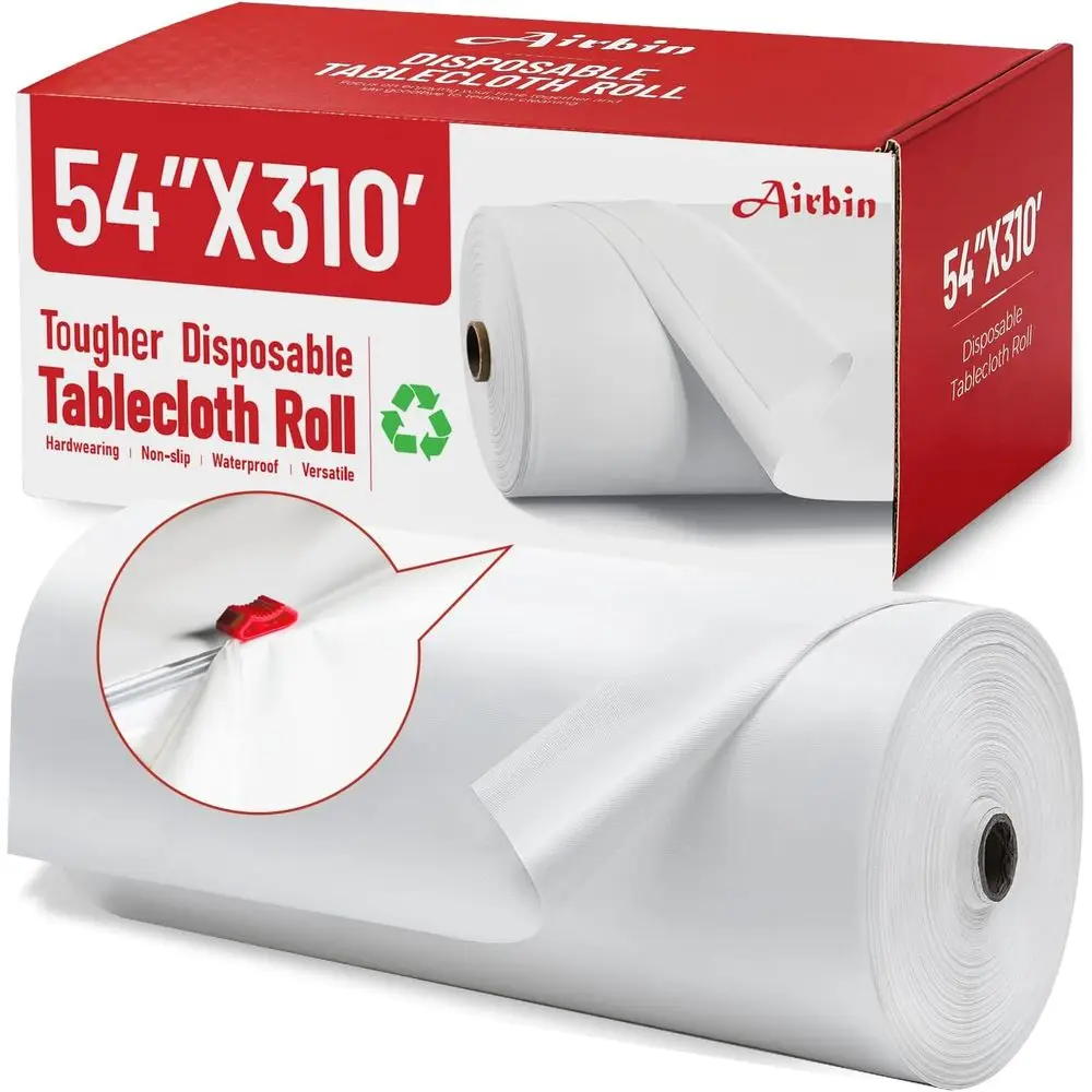 

Premium Disposable White Plastic Tablecloth Roll, 310 Ft x 54 in, with Built-in Cutter for Outdoor Events & Celebrations