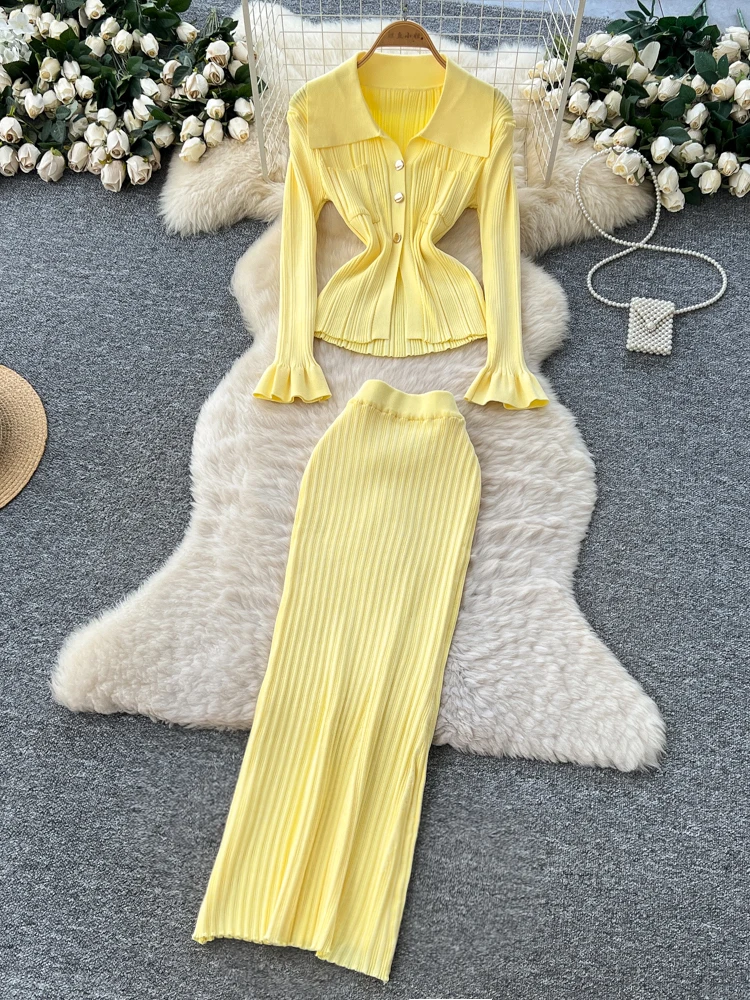 ارتفاع الخصر محبوك طويل Sve سبليت Neline الأعلى وتنورة Bodycon قطعتين مجموعة Ele Commute Sle الخريف Faion