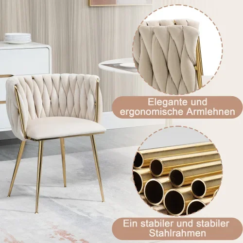 Moderne luxe fluwelen eetkamerstoelenset met gouden metalen poten, elegant en geweven ontwerp en zachte kussens (set van 2)