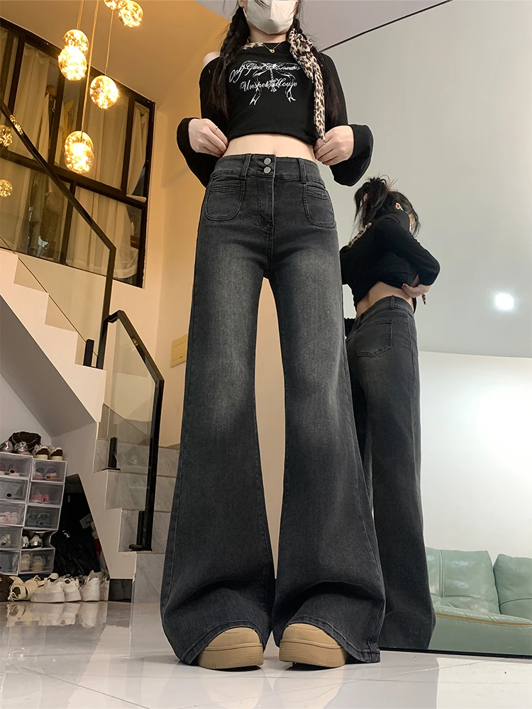 

High Waist Flared Jeans Women's Bla ey Loose Fit Long Leggings Casual Sle High Waist Denim Pants Stand Fit Four Seasons