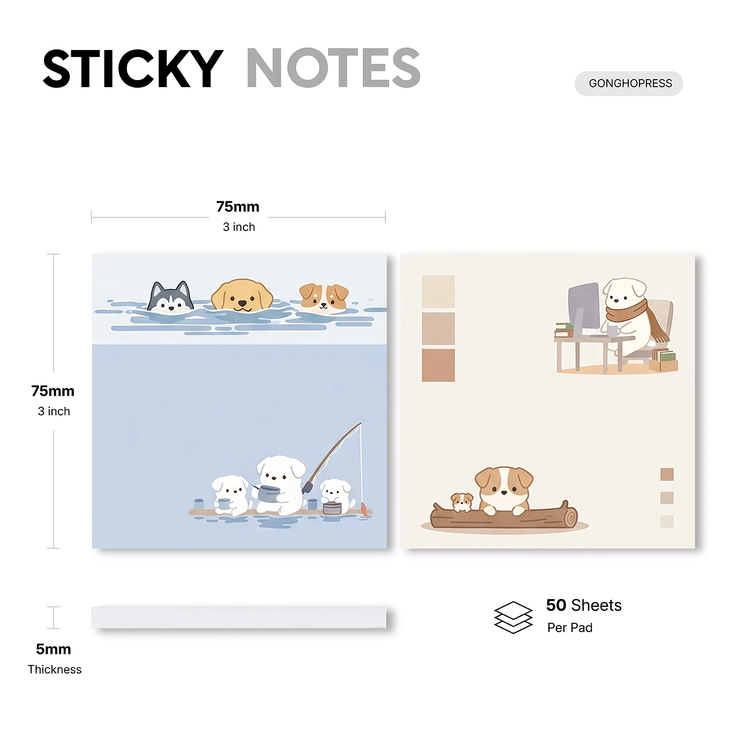 2pcs Cute Dog Sticky Notes Set, Kawaii Puppy Self Stick Memo Pads, 100 Sheets Total, Pet Animal Notepads, Removable Adhesive