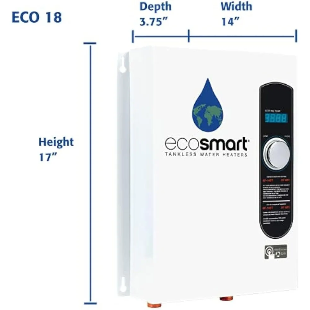 EcoSmart Eco เครื่องทำน้ำอุ่นไร้ถังไฟฟ้า18กิโลวัตต์ที่240โวลต์พร้อมเทคโนโลยีการปรับแต่งด้วยการจดสิทธิบัตร17x14x3.5