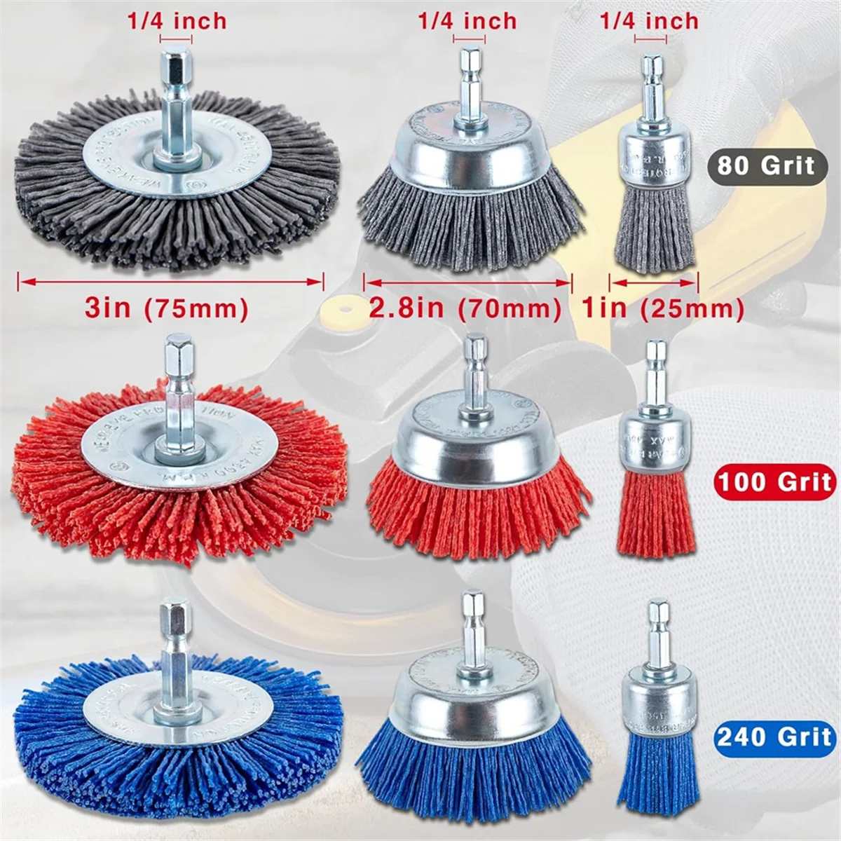 Nylon Filament Brush-Abrasive Filament Nylon Wire Bristle Drill Wheel and Cup Brush Set,for Removal of Rust Corrosion