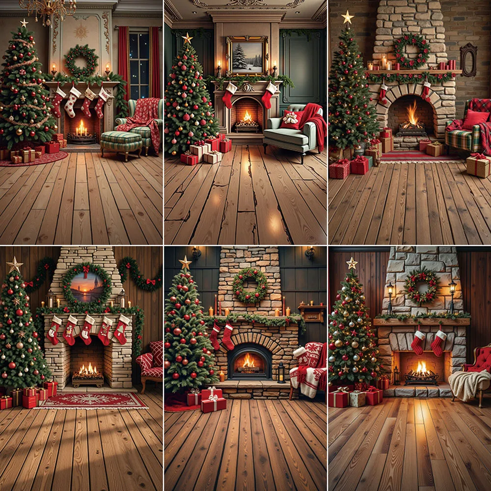 MOON.QG 2025 Christmas Fireplace Backdrop for Photography Xmas Tree Gift Home Decor Background Child Studio Photozone Supplies