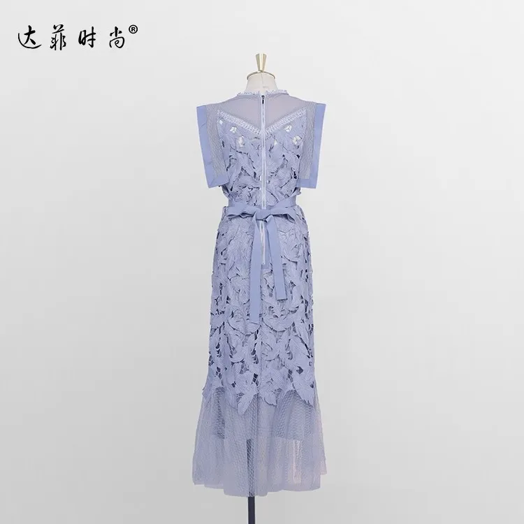 Lingzhi wu Sommer weiblich 2024 elegant zweiteilig Set graublau Spitze Top Voile Rock Anzug Neuankömmling