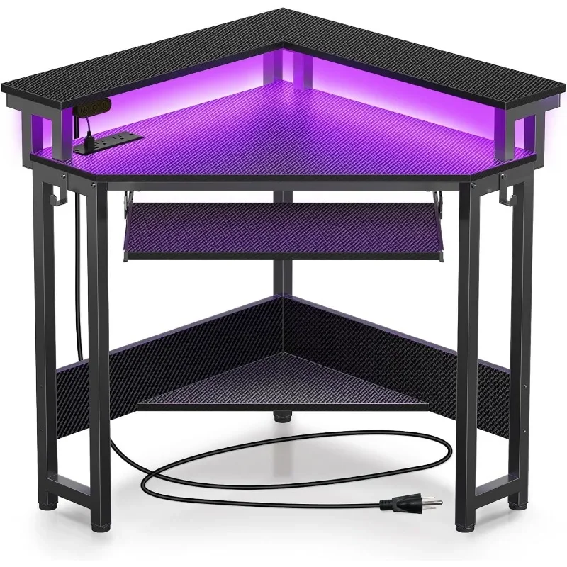 

Corner Desk, 44.5" W x 34.5" H Small Carbon Fiber Computer Desk with Power Outlets, LED Lights and Keyboard Tray, Small Office