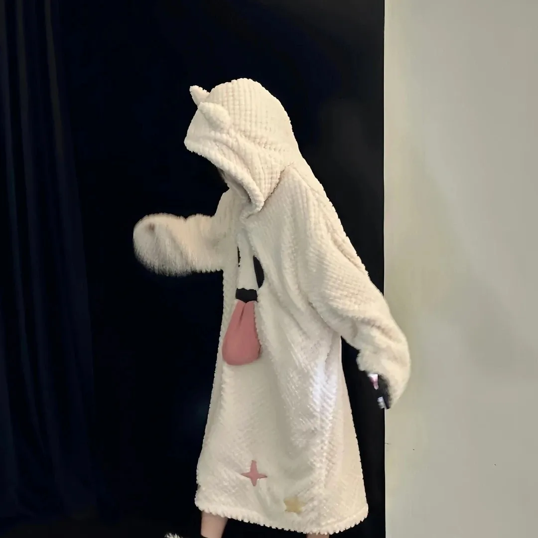 かわいいゴーストフェイスぬいぐるみパジャマセット女性男性冬フリース肥厚暖かいコーラルフリースローブ部屋着